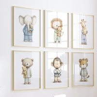 Nursery Wall Art Set, Pajama Animals, Baby Safari Animals