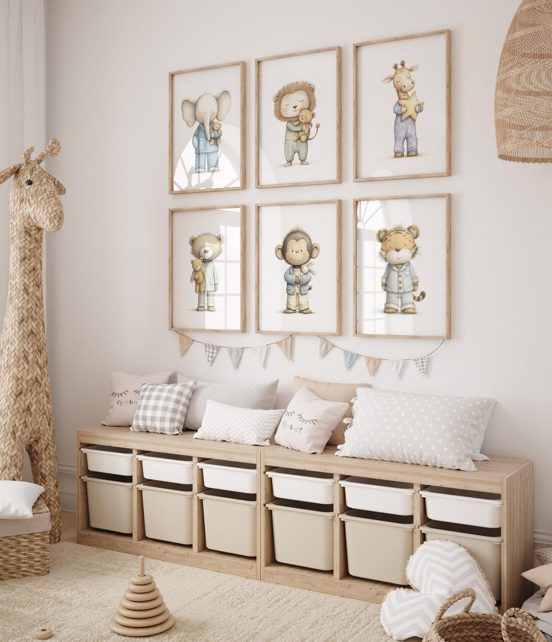 Nursery Wall Art Set, Pajama Animals, Baby Safari Animals