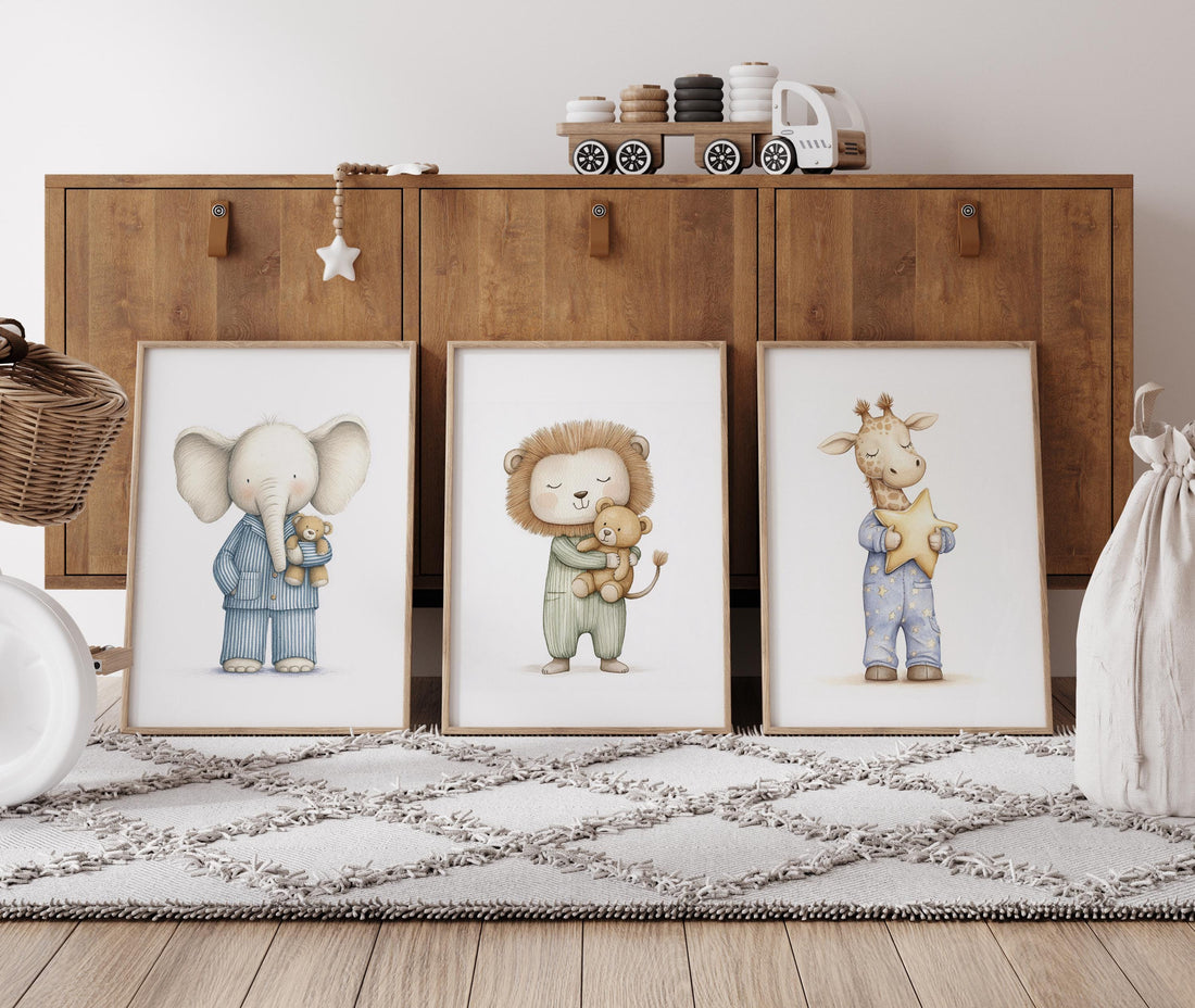 Pajama Animals Nursery Wall Art – Elephant Lion Giraffe Print Set, Baby Animal Decor