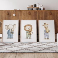 Pajama Animals Nursery Wall Art – Elephant Lion Giraffe Print Set, Baby Animal Decor