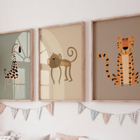 Safari Nursery Wall Art Set of 3, Earth Tone Animal Prints, Giraffe Monkey Tiger