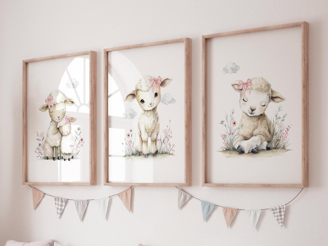 Lamb Nursery Wall Art Set of 3, Baby Sheep Prints, Pink Floral Nursery