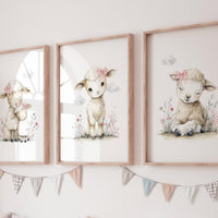 Lamb Nursery Wall Art Set of 3, Baby Sheep Prints, Pink Floral Nursery