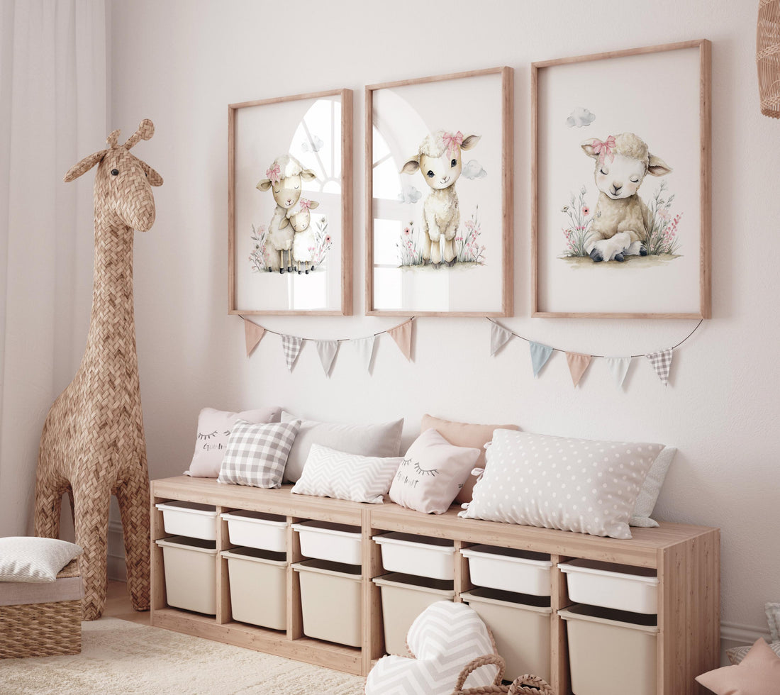 Lamb Nursery Wall Art Set of 3, Baby Sheep Prints, Pink Floral Nursery