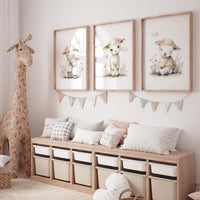Lamb Nursery Wall Art Set of 3, Baby Sheep Prints, Pink Floral Nursery