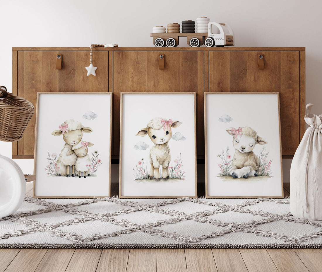 Lamb Nursery Wall Art Set of 3, Baby Sheep Prints, Pink Floral Nursery