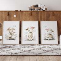 Lamb Nursery Wall Art Set of 3, Baby Sheep Prints, Pink Floral Nursery
