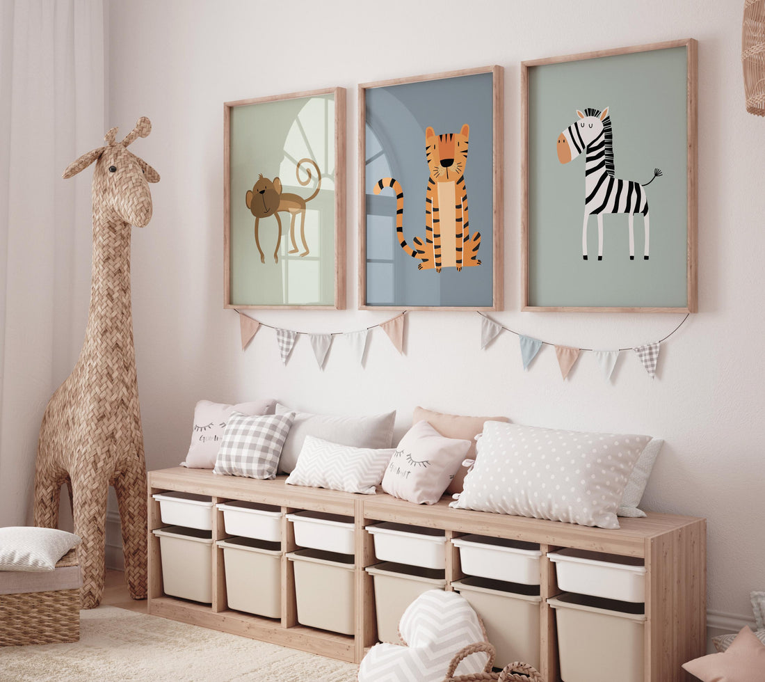 Safari Animal Nursery Prints: Boho Jungle Art, Set of 3