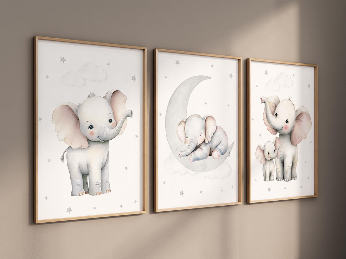 Elephant Nursery Wall Art Set of 3, Baby Elephant Prints, Moon and Stars