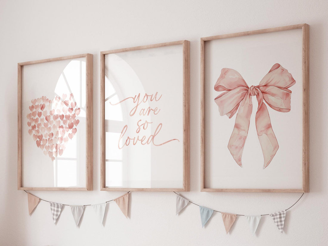 Girl Nursery Watercolor Prints, Peach Heart, Bow, Set of 3