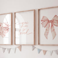Girl Nursery Watercolor Prints, Peach Heart, Bow, Set of 3