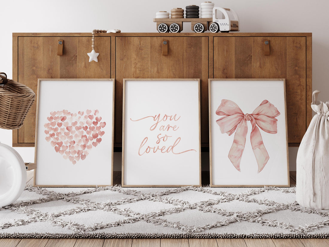 Girl Nursery Watercolor Prints, Peach Heart, Bow, Set of 3