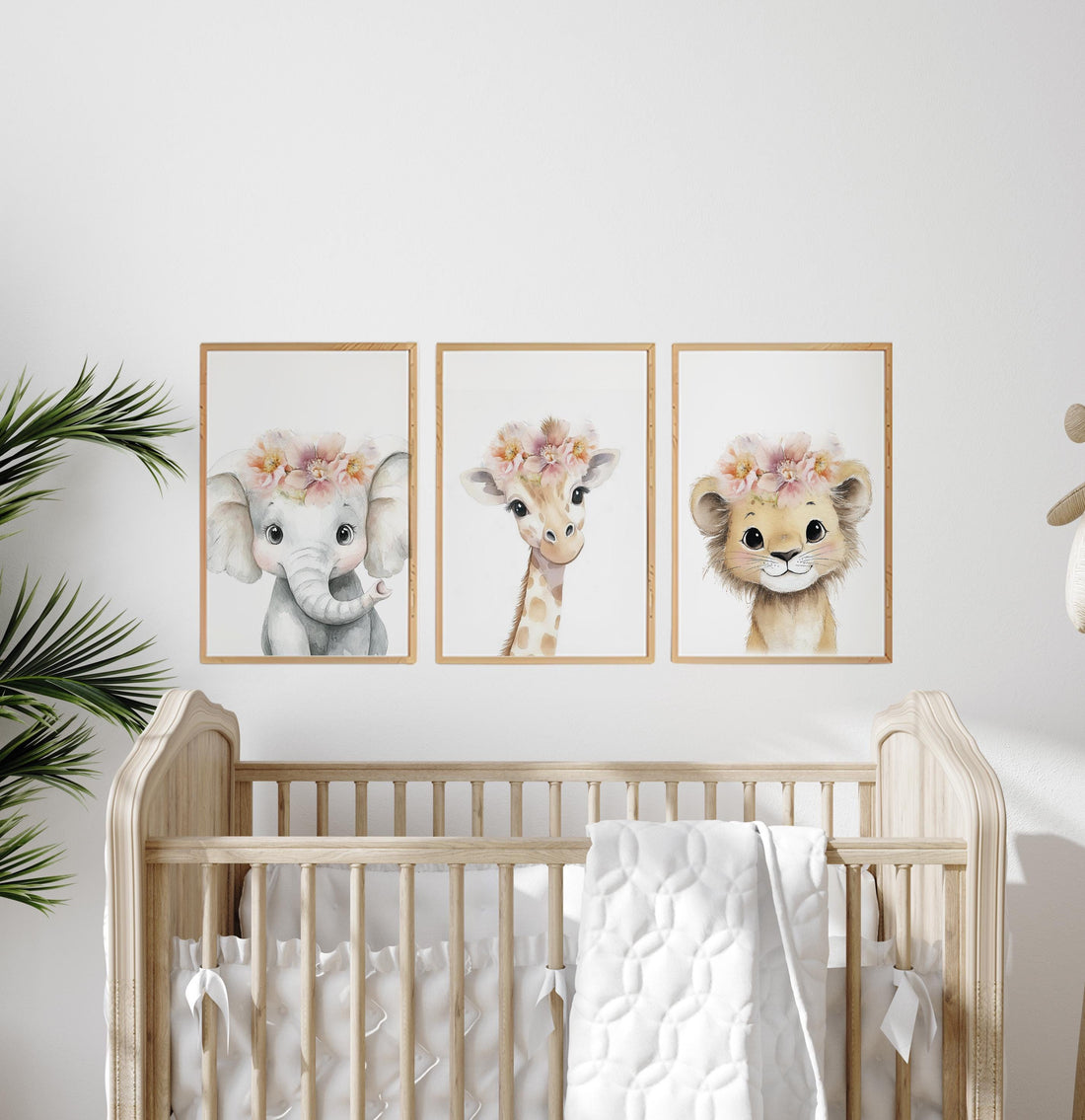 Girl Safari Nursery Wall Art Set of 3, Elephant Giraffe Lion Prints
