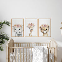 Girl Safari Nursery Wall Art Set of 3, Elephant Giraffe Lion Prints
