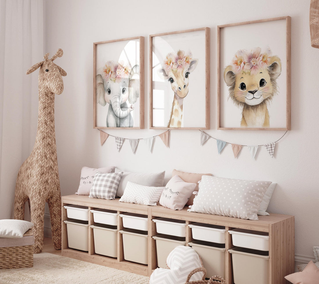Girl Safari Nursery Wall Art Set of 3, Elephant Giraffe Lion Prints