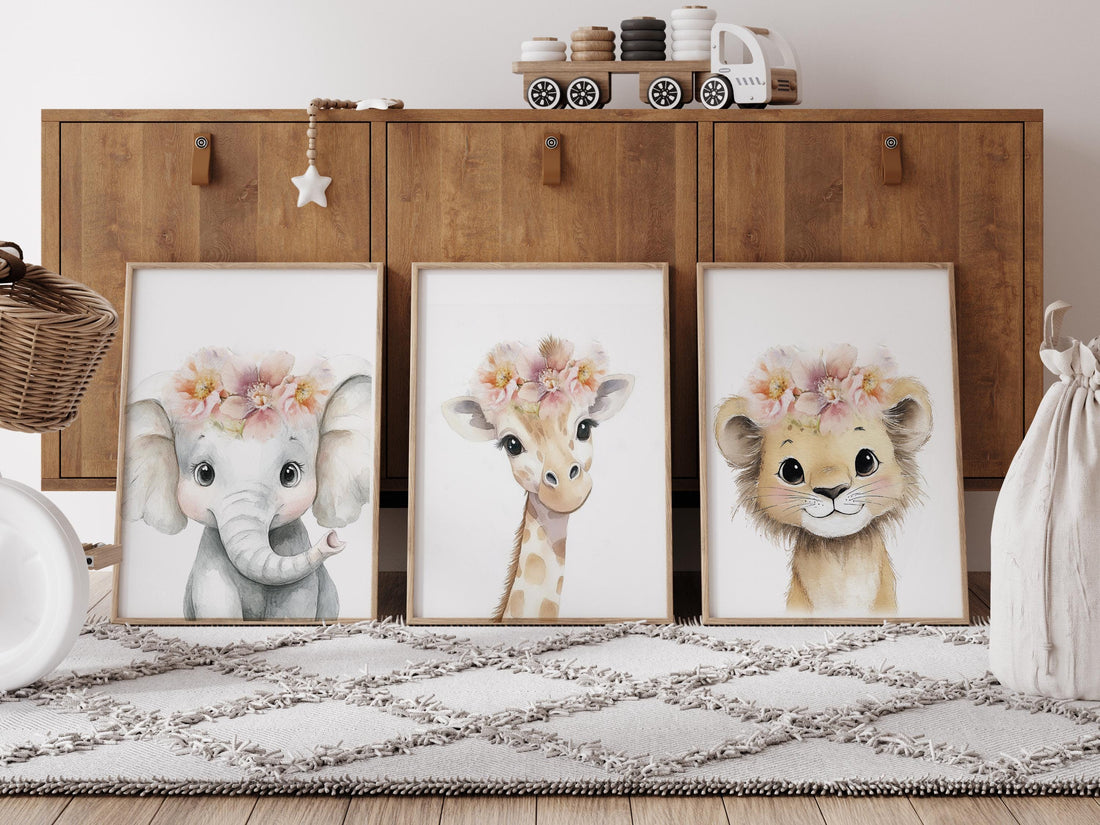 Girl Safari Nursery Wall Art Set of 3, Elephant Giraffe Lion Prints