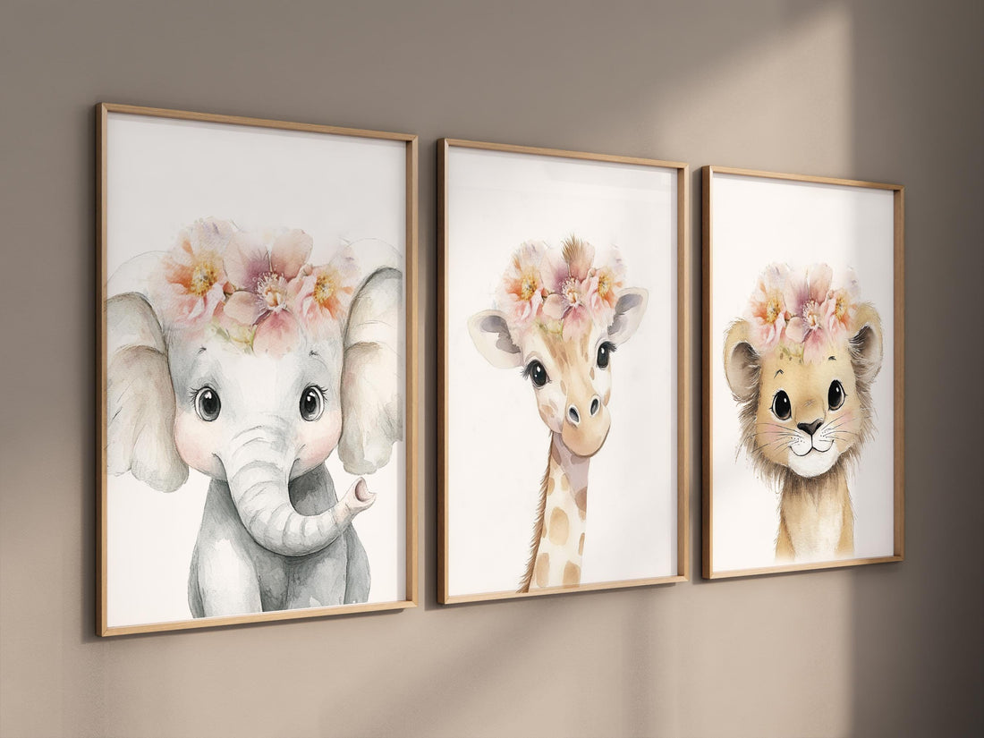 Girl Safari Nursery Wall Art Set of 3, Elephant Giraffe Lion Prints