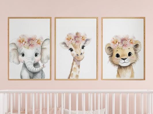 Girl Safari Nursery Wall Art Set of 3, Elephant Giraffe Lion Prints