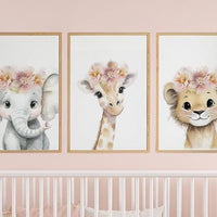 Girl Safari Nursery Wall Art Set of 3, Elephant Giraffe Lion Prints