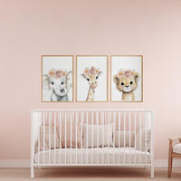Girl Safari Nursery Wall Art Set of 3, Elephant Giraffe Lion Prints