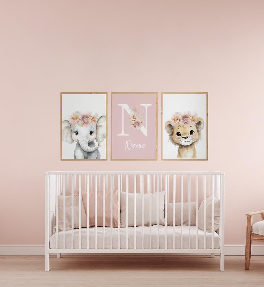Personalized Safari Nursery Wall Art Set of 3, Elephant and Lion