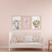 Personalized Safari Nursery Wall Art Set of 3, Elephant and Lion
