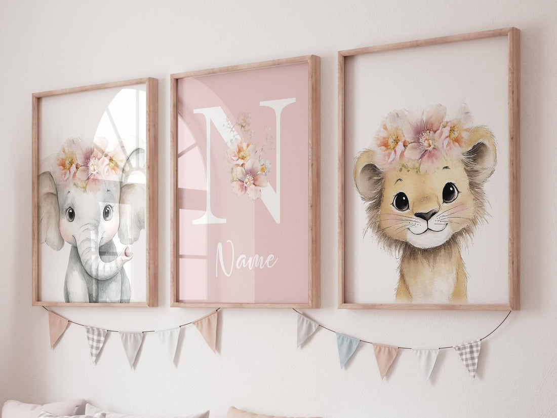Personalized Safari Nursery Wall Art Set of 3, Elephant and Lion