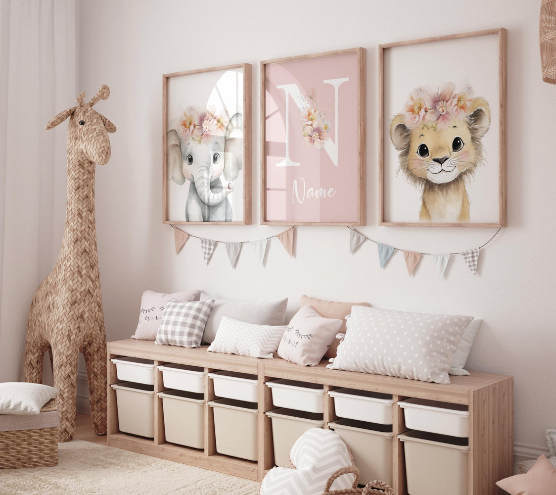 Personalized Safari Nursery Wall Art Set of 3, Elephant and Lion