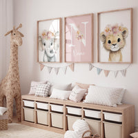 Personalized Safari Nursery Wall Art Set of 3, Elephant and Lion