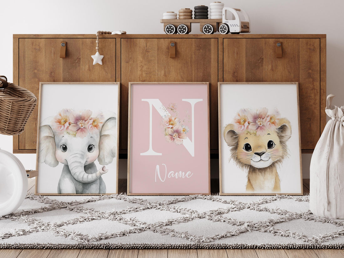 Personalized Safari Nursery Wall Art Set of 3, Elephant and Lion