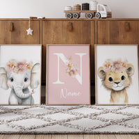 Personalized Safari Nursery Wall Art Set of 3, Elephant and Lion