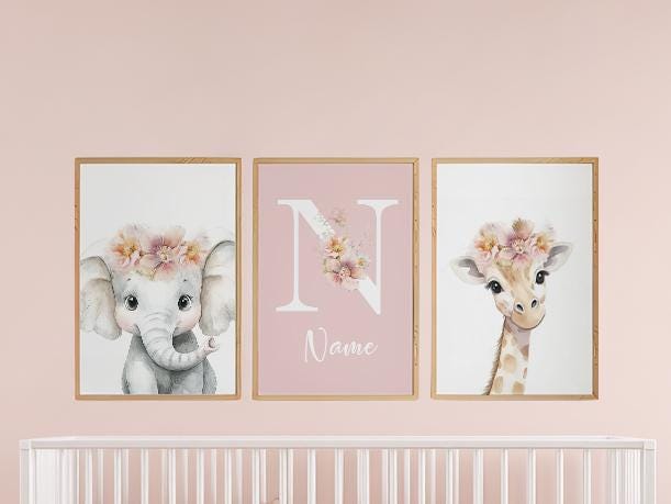 Personalized Safari Nursery Wall Art Set of 3, Elephant and Giraffe Prints