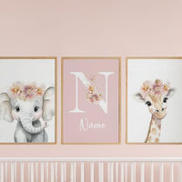 Personalized Safari Nursery Wall Art Set of 3, Elephant and Giraffe Prints