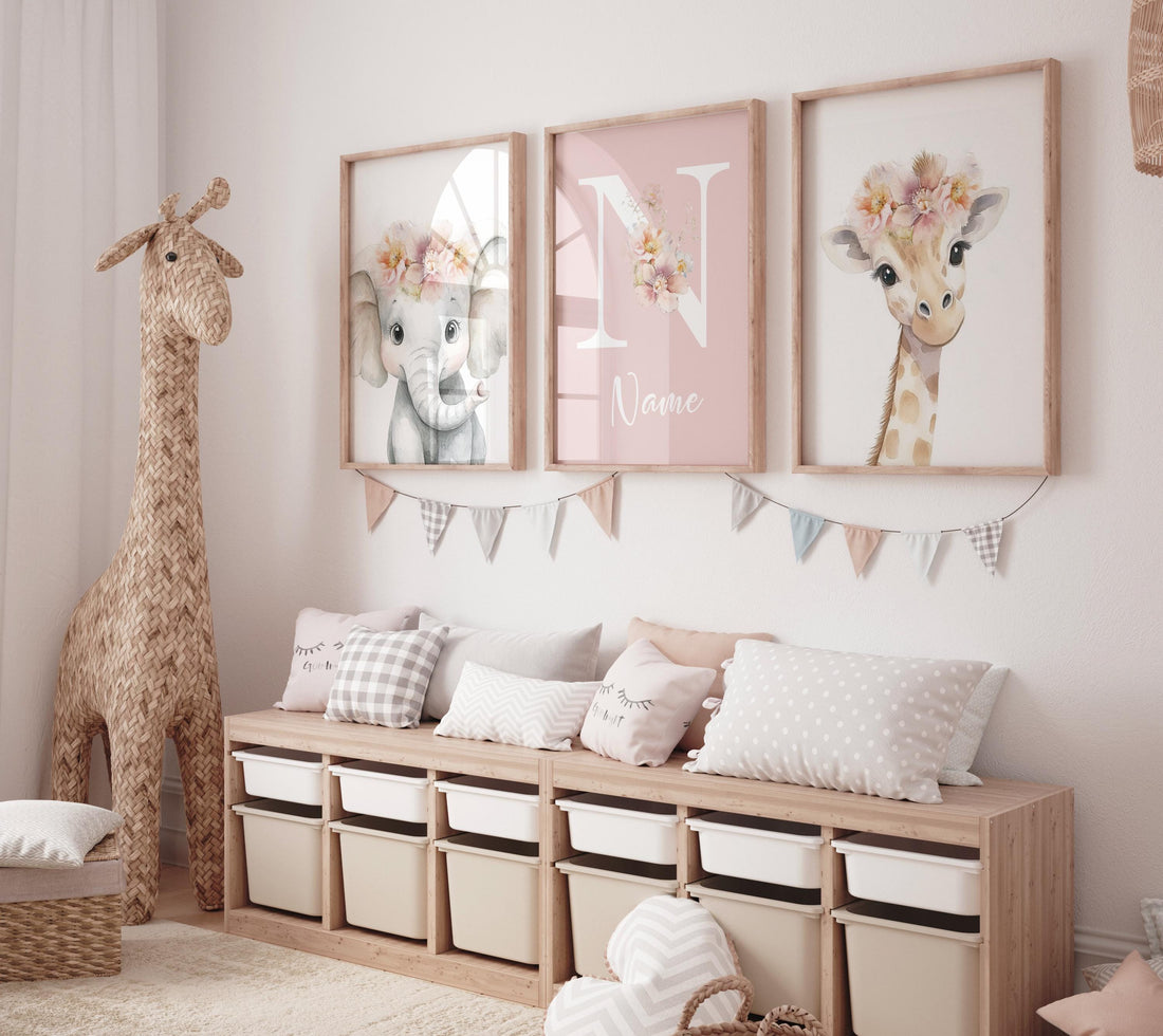 Personalized Safari Nursery Wall Art Set of 3, Elephant and Giraffe Prints
