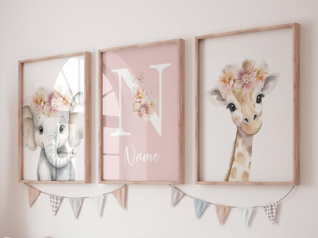 Personalized Safari Nursery Wall Art Set of 3, Elephant and Giraffe Prints