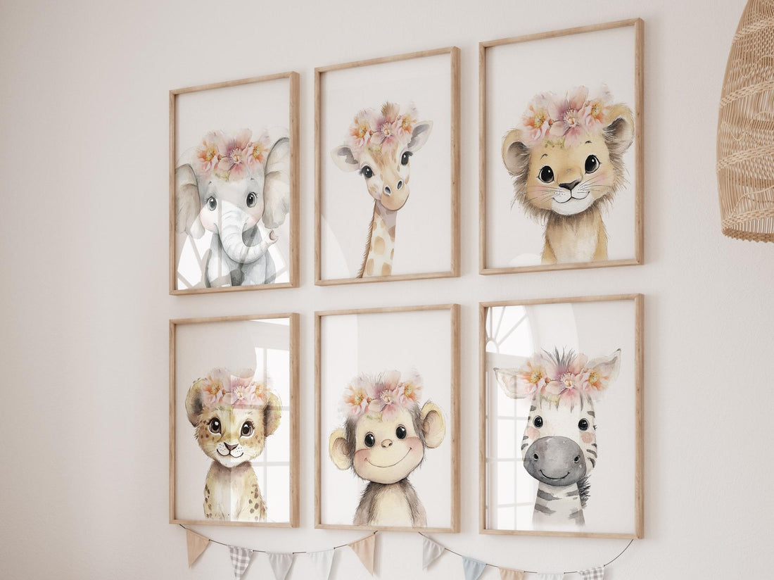 Girl Safari Nursery Wall Art Set of 6, Floral Baby Animal Prints