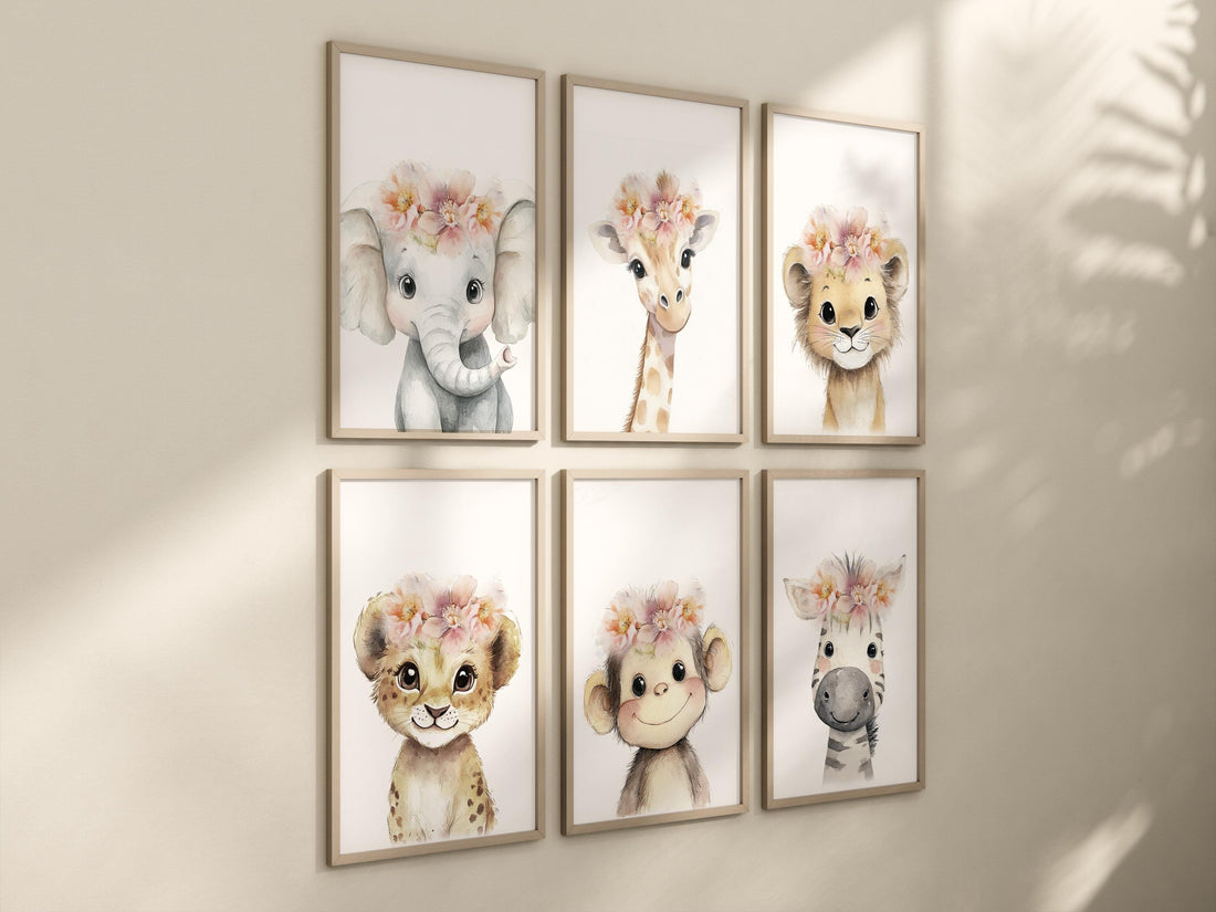 Girl Safari Nursery Wall Art Set of 6, Floral Baby Animal Prints