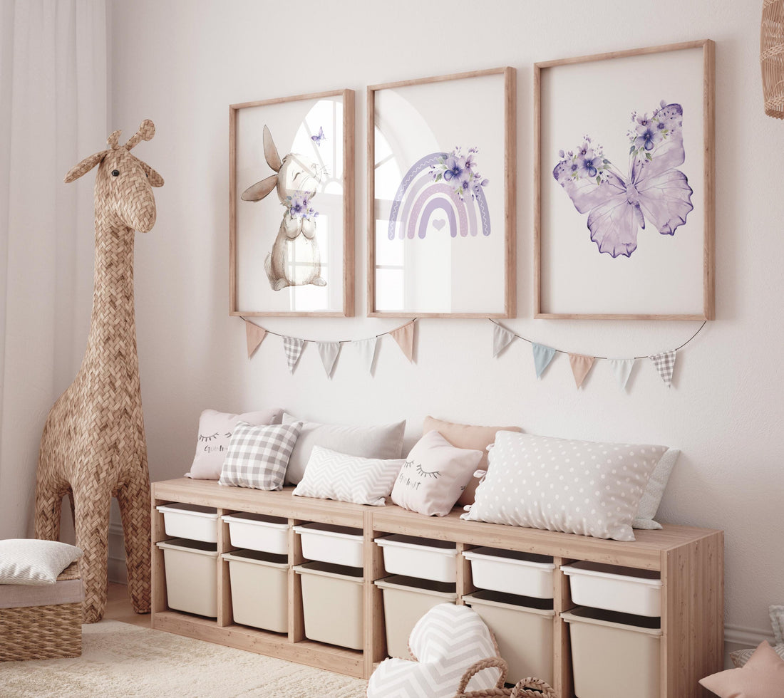 Purple Nursery Wall Art Set of 3, Bunny Rainbow Butterfly Prints