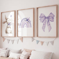 Purple Nursery Wall Art Set of 3, Bunny Print, Purple Bow