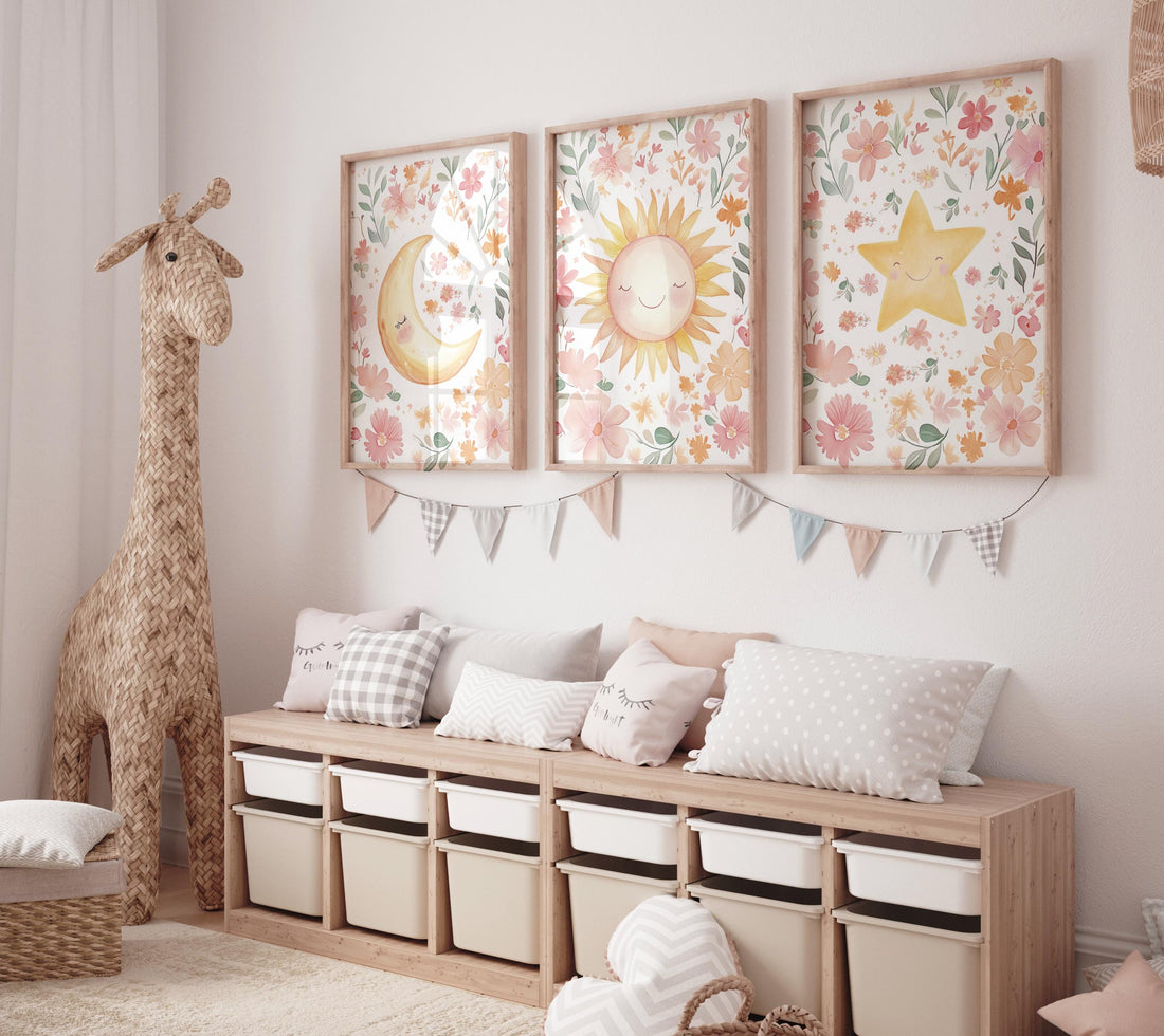 Floral Sun Moon Star Nursery Wall Art Set, Boho Baby Girl Room Decor