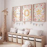 Floral Sun Moon Star Nursery Wall Art Set, Boho Baby Girl Room Decor