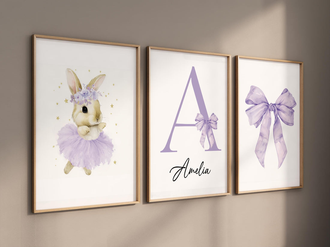 Purple Bunny Ballerina Nursery Wall Art Set, Personalized Name Print