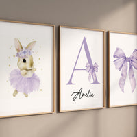 Purple Bunny Ballerina Nursery Wall Art Set, Personalized Name Print