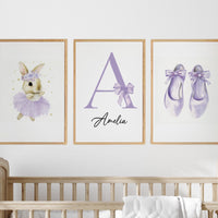 Personalized Purple Nursery Wall Art Set of 3, Ballerina Bunny Print