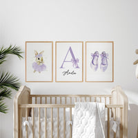 Personalized Purple Nursery Wall Art Set of 3, Ballerina Bunny Print
