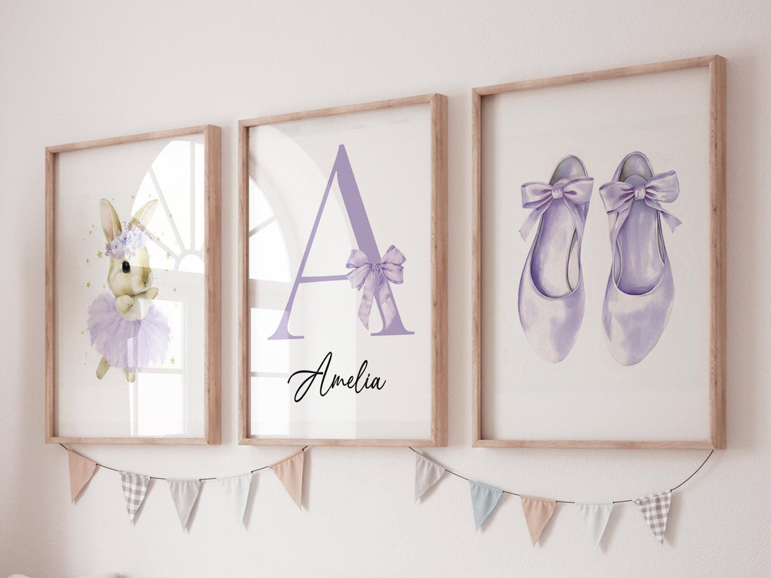 Personalized Purple Nursery Wall Art Set of 3, Ballerina Bunny Print