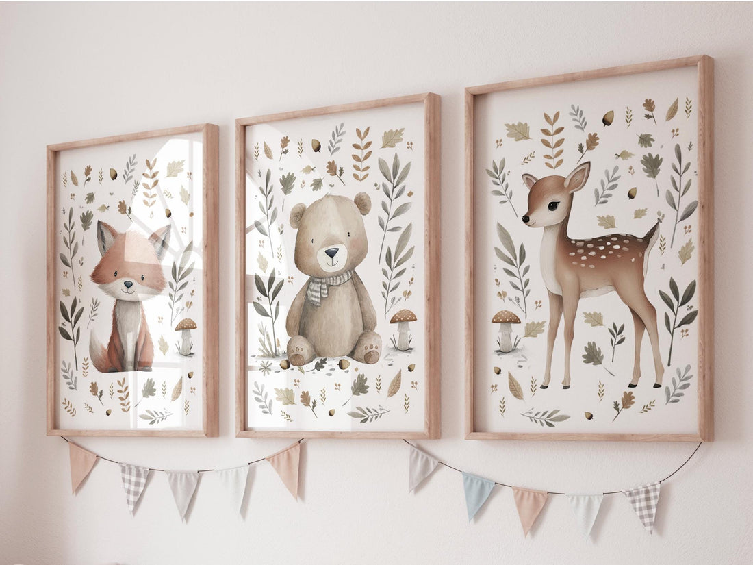 Whimsical nursery prints, Woodland Nursery Wall Art Set of 3, Forest Theme Decor