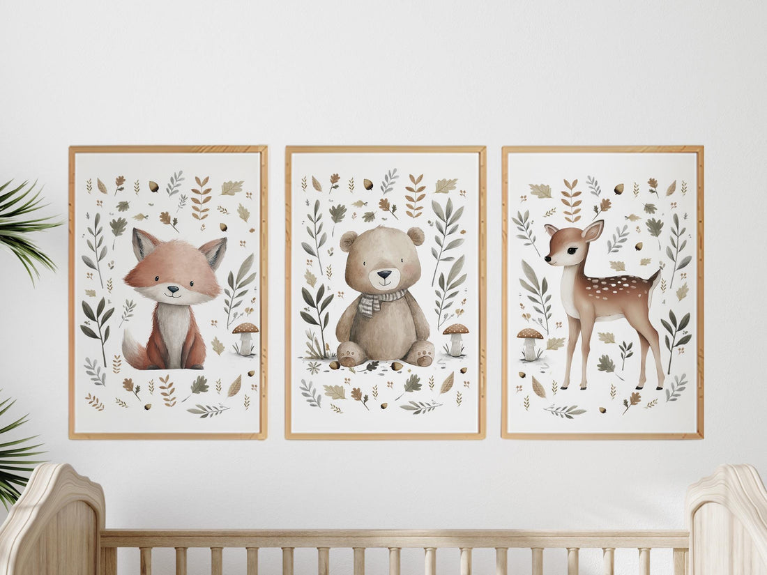Whimsical nursery prints, Woodland Nursery Wall Art Set of 3, Forest Theme Decor