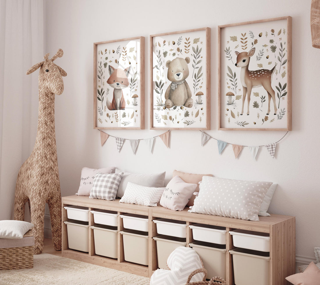 Whimsical nursery prints, Woodland Nursery Wall Art Set of 3, Forest Theme Decor