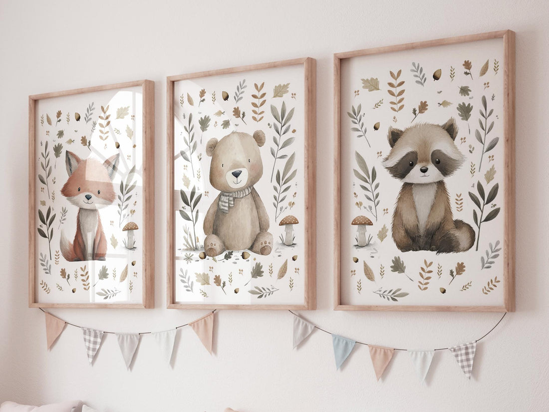 Whimsical nursery prints, Woodland Nursery Wall Art Set of 3